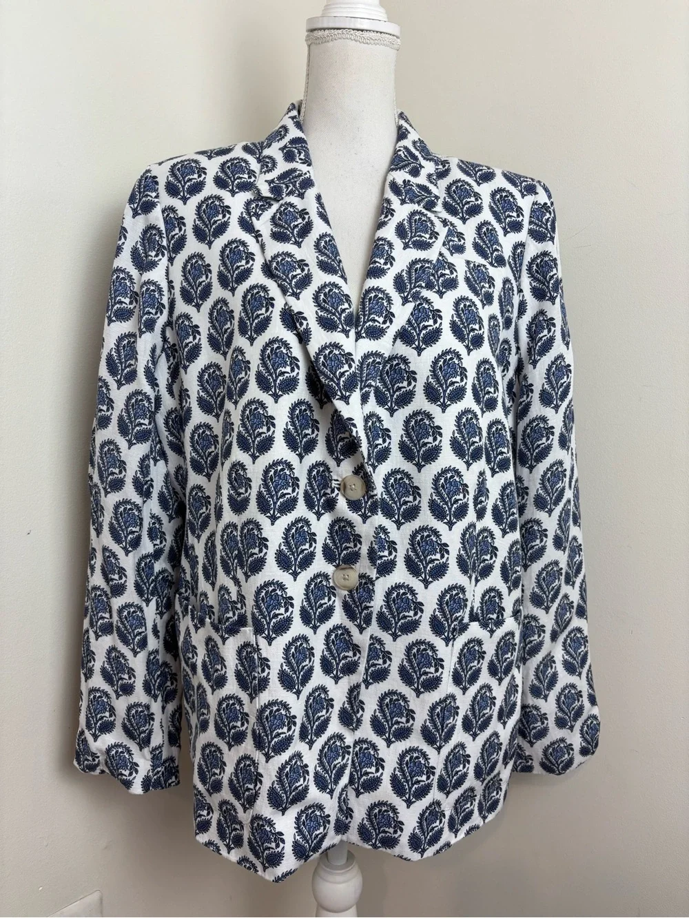 Helena Blazer In Bouquet Block Print Chelsea Linen-cupro Blend Size 20